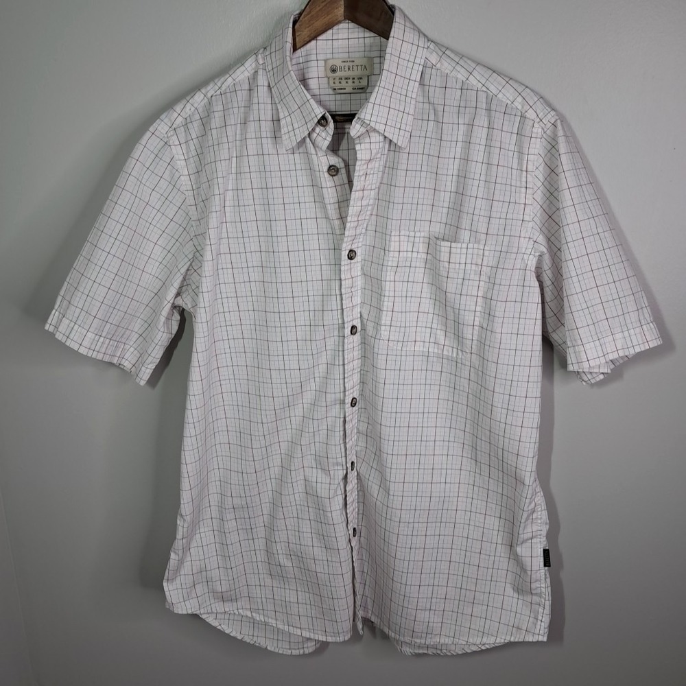 Beretta Button Up Shirt Men's Large Short Sleeve White Plaid Lightweight